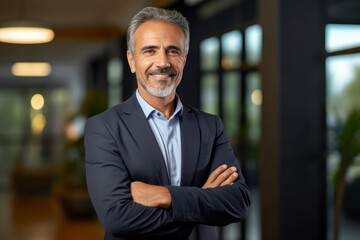 Fototapeta premium Confident mature executive standing with arms crossed in modern office lobby, looking successful and approachable