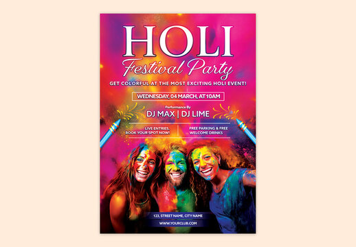Editable Holi Celebration Party Flyer Template with Happy Indian Friends Covered in Color Powder, Color Gun and Event Details on Vibrant Festival Background.