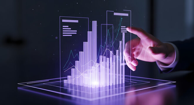 A person's hand interacting with a futuristic holographic display showing financial charts and data.