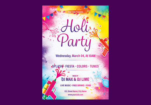 Editable Holi Celebration Party Flyer Template with Water Guns (Pichkari) on Color Splash Festival Background.