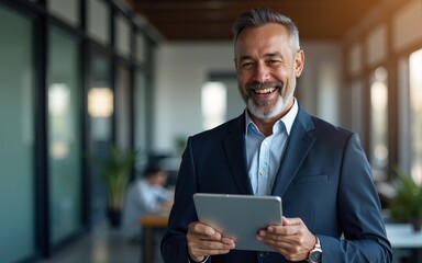Happy middle aged business man ceo wearing suit standing in office using digital tablet. He rejoices at the good news from the stock exchange. High quality