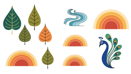 Stylized illustration Leaves water swirls rainbows and a peacock on a white background