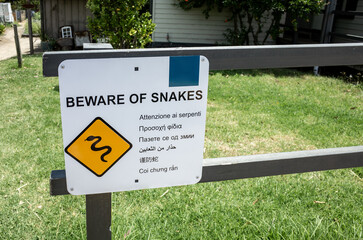 Multilingual warning sign reading &ldquo;Beware of Snakes&rdquo; in a grassy suburban area in Melbourne, Australia. Concept of public safety signage, wildlife hazard awareness, outdoor risk warning, information