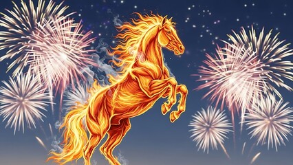 Dynamic Fire Horse Rearing Amidst New Year Fireworks