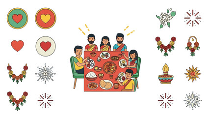 Cartoon family eating at table with flower and firework illustrations around them