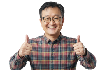 Smiling middleaged asian man in plaid shirt giving two thumbs up, isolated on white isolated on transparent background