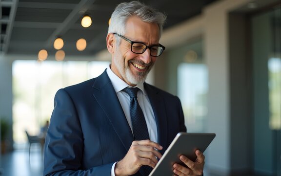 Happy middle aged business man ceo wearing suit standing in office using digital tablet. Smiling mature businessman professional executive manager looking away thinking working on tech device. - Powered by Adobe