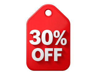 3D Red Sale Tag with &ldquo;30% OFF&rdquo; Text, Front View Promotional Label, Isolated on Transparent Background