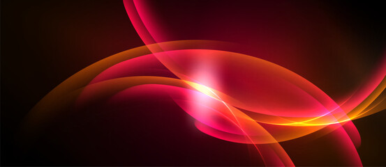 Abstract design features flowing curves, vibrant reds, oranges. Light radiates from central point, creating dynamic visual effect.