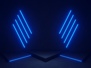 3D concrete background with blue neon lights