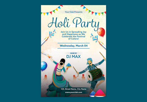 Editable Holi Celebration Party Flyer Template with Indian Couple Illustration in Traditional Attires Celebrating Festival with Dhol Instrument.