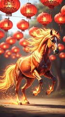 Majestic Fire Horse Galloping Under Traditional Red Lanterns