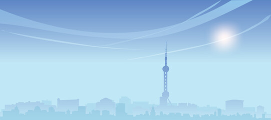 Obraz premium Blue panoramic poster of the city skyline with misty background buildings and clouds of SHANGHAI, CHINA