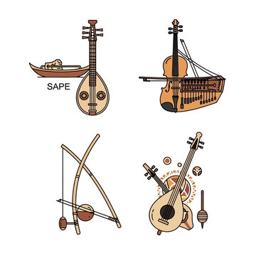Collection of Traditional Stringed Musical Instruments Illustrations.