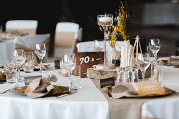 Elegante Hochzeitstafel mit stilvoller Tischdekoration und nummerierten Plätzen

