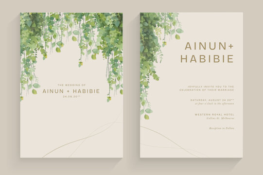 Aesthetic Wedding Invitation with Watercolor Greenery Leaves and branch