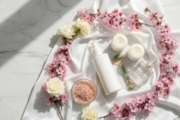 skincare beauty flat lay with cosmetic bottles and flowers