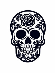Obraz premium Decorative sugar skull illustration with rose patterns for Dia de los Muertos. Traditional Mexican holiday vector line art design