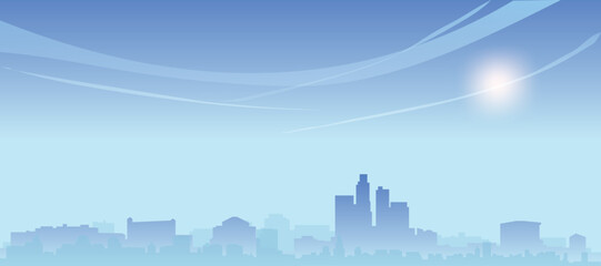 Blue panoramic poster of the city skyline with misty background buildings and clouds of LOS ANGELES, CALIFORNIA