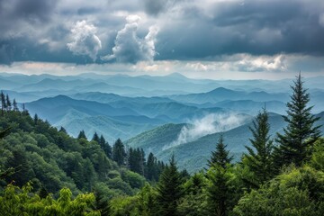 Fototapeta premium Stunning view of the layered mountain ranges fading into the distance under a cloudy sky in the great smoky mountains