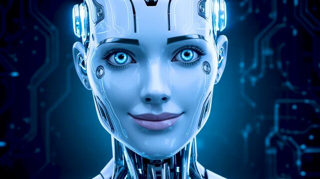 Humanoid female robot close-up with blue eyes and glowing circuits
