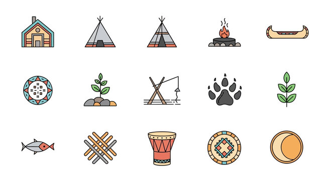Native American Culture Icons - Traditional Symbols and Elements.
