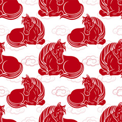 Seamless pattern with Asian elements for happy Chinese new year of the Horse 2026
