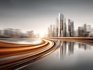 A futuristic city skyline rising above reflective water as glowing golden motion trails curve dynamically toward it, creating a sleek scene of speed, progress, and vision
