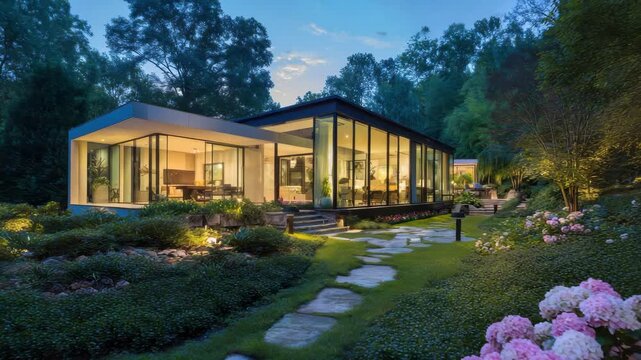 Modern Architecture with Glass Walls Surrounded by Greenery and Flowers at Dusk with Blue Sky and Stepping Stone Path Leading to Building for Real Estate Concept