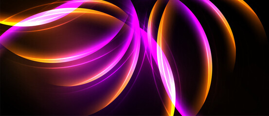 Abstract design features vibrant orange, purple curves against black background. Dynamic shapes create flowing, energetic visual impact.
