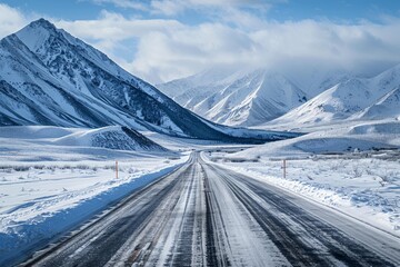 Obraz premium Scenic winter highway winding through snow covered mountains in alaska, showcasing a breathtaking landscape of pristine wilderness