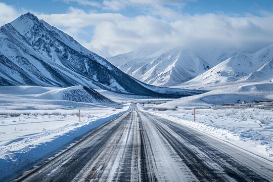 Fototapeta Scenic winter highway winding through snow covered mountains in alaska, showcasing a breathtaking landscape of pristine wilderness