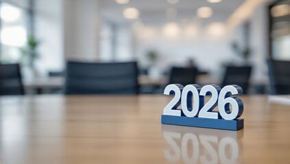 Fototapeta premium Year 2026 sign on boardroom table next to stack of documents, symbolizing corporate strategy, fiscal year goals, financial planning, and business growth projection.