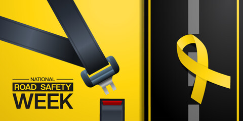 National Road Safety Week. Road, ribbon and seatbelt. Great for cards, banners, posters, social media and more. Yellow background. 