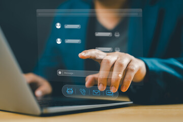 Businessman using an AI chatbot on a device for virtual assistance and customer support, representing digital communication and efficient online service through smart AI interaction.