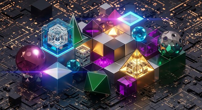 Abstract Geometric Shapes on Circuit Board - A Futuristic Digital Art Composition.
