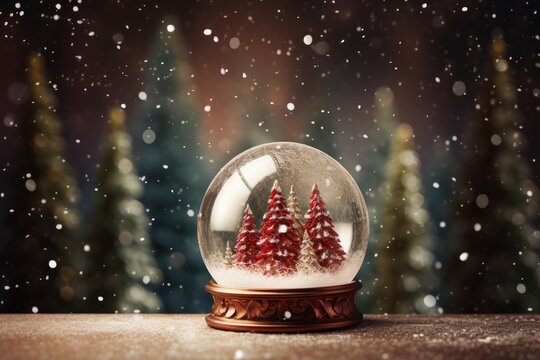Christmas snow globe with miniature snowy trees inside, set against a backdrop of a blurred, sparkling forest, evokes a warm, festive mood