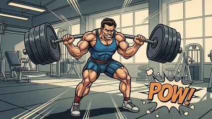 Muscular Man Lifting Heavy Weights: Comic Book Style 'Pow'