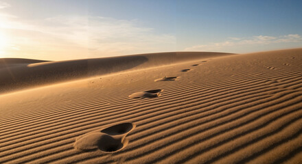 Single fading footprints in dune overtaken by wind at sunset