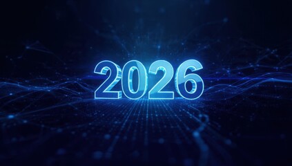 Year 2026 Blue Neon Glowing 3D Text on Futuristic Dark Technology Background. Abstract digital network lines, data flow, and cyberspace concept for planning or innovation.