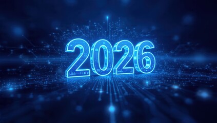2026 Futuristic Digital Neon Year Background. Glowing Blue Hi-Tech Number on Dark Circuit Board Grid, Representing Data Flow, Technology Trends, and Future Innovation.