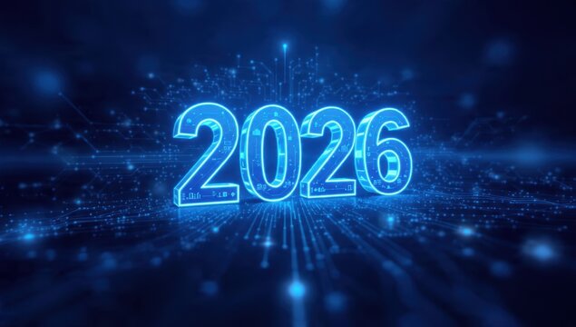 2026 Futuristic Digital Neon Year Background. Glowing Blue Hi-Tech Number on Dark Circuit Board Grid, Representing Data Flow, Technology Trends, and Future Innovation. - Powered by Adobe