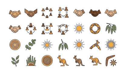 Array of icons handshakes community circles suns kangaroo eucalyptus and boomerangs © Donjuan Studio