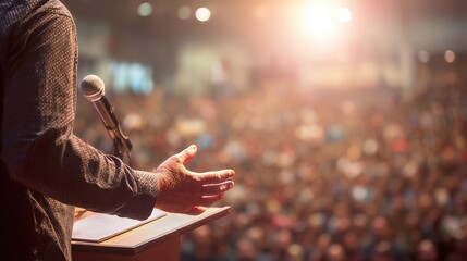Speaker addresses a large audience from a stage illuminated by bright lights