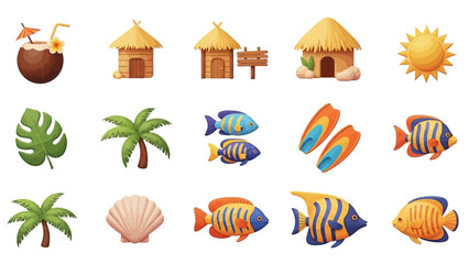 Array of tropicalthemed clip art coconut drink huts marine life flora fins sun shell © Donjuan Visual