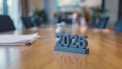 Fototapeta premium Business strategy planning for 2026, featuring the blue 3D year number on a reflective conference table in a modern, blurred boardroom setting.