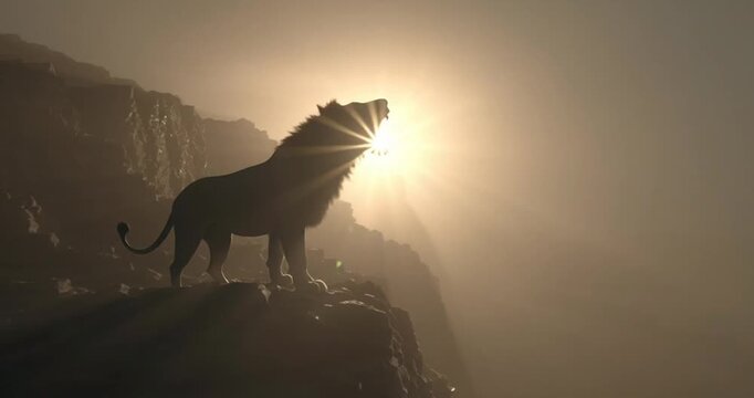 A majestic lion's powerful roar, silhouetted against a breathtaking sunrise, creates an awe-inspiring and cinematic moment on a rugged mountain peak