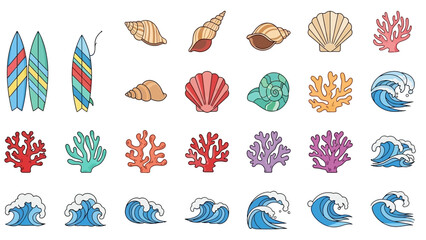 Beachy layout Surfboards shells coral and waves in rows