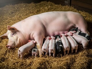 Atmospheric shot of a sow nursing piglets