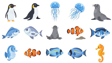 Obraz premium Cartoon sea life display with penguins jellyfish seals and diverse fish types